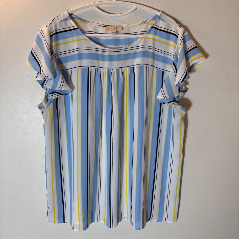 Loft Striped Flutter‎ Sleeve Blouse Size XL Blue Yellow